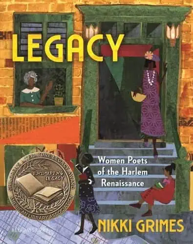 Cover of "Legacy" featuring women poets from Harlem Renaissance era, vibrant illustration style.