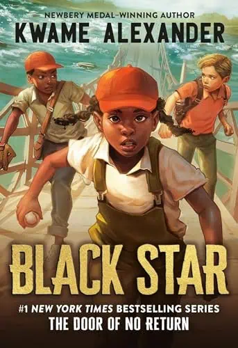 Young boys running on a dock, adventurous scene from Black Star book.