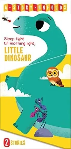 Children's book cover featuring a cute, teal dinosaur with an owl and ants, promoting bedtime storie.