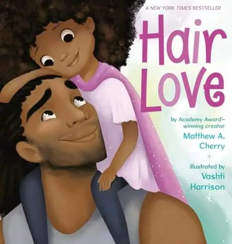 Hair Love illustration featuring a father and daughter with curly hair.