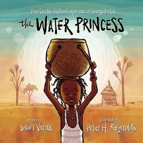 Illustration of a young girl carrying a water container on her head in a rural setting.