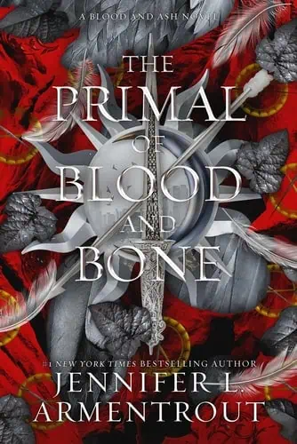 Blood and Bone book cover with dark feathers, red accents, and a sword, representing themes of fanta.