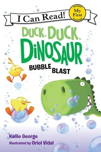 Colorful children's book cover featuring a green dinosaur and duck characters for early readers.