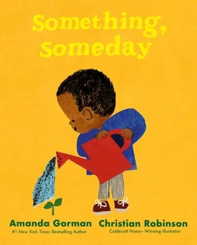 Child watering a small plant with a watering can on yellow background.