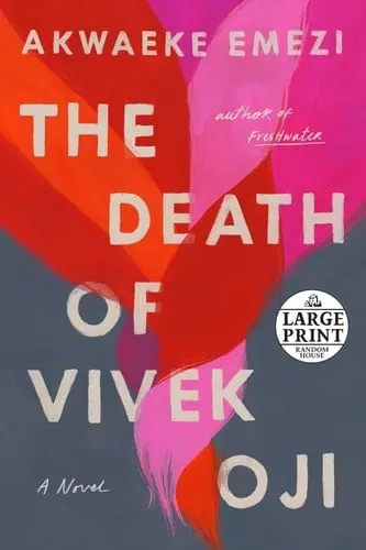 Elegant book cover featuring vibrant pink and red abstract art for "The Death of Vivek Oji" by Akwae.