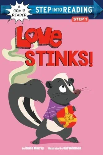 Illustration of a skunk holding a gift, promoting love and wool crafts.