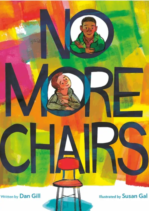 Vibrant artwork promoting No More Chairs message with diverse characters and colorful background.