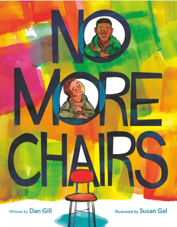 Vibrant artwork promoting No More Chairs message with diverse characters and colorful background.