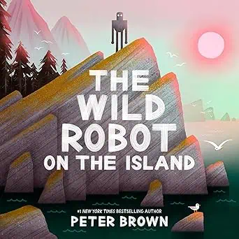 A colorful illustration of a robot on a rocky island with mountains, trees, and a setting sun, inspi.