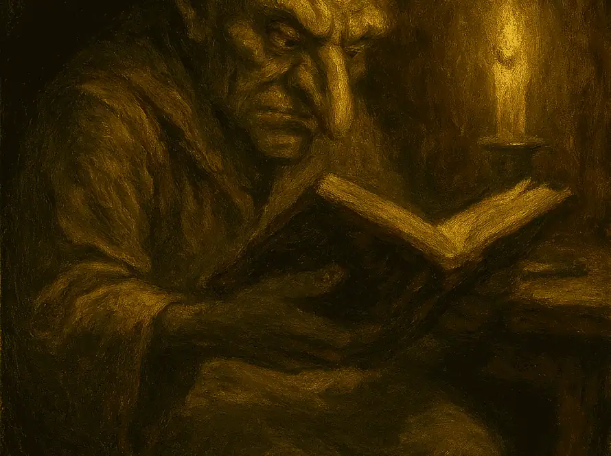 A dark, mysterious illustration of a goblin reading a book by candlelight, emphasizing fantasy and f.