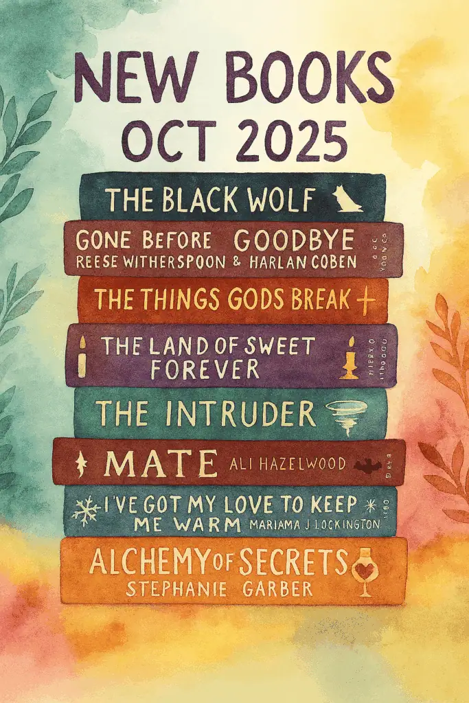 Bright watercolor illustration of stacked book covers promoting October 2025 new book releases.