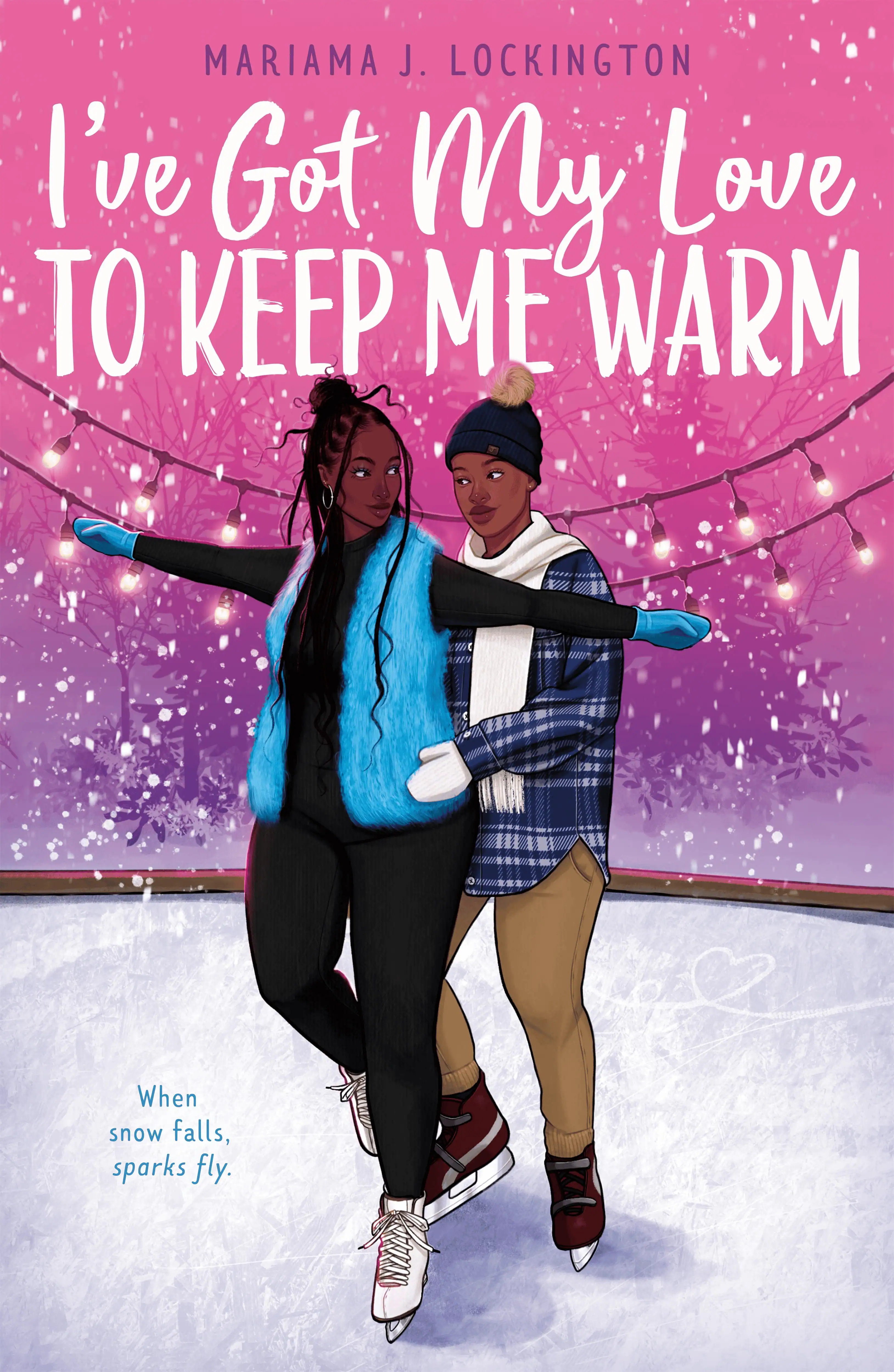 A colorful illustration of two women ice skating together, dressed warmly with a pink and purple sno.