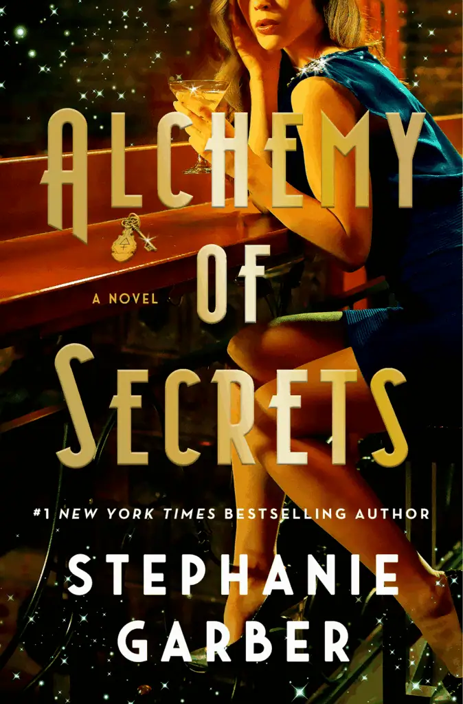 ALCHEMY OF SECRETS book cover with a woman at a bar, glowing stars, and mystical elements.