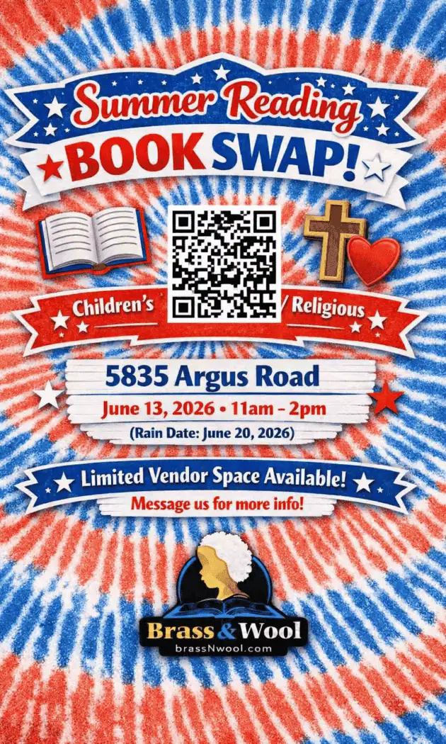 Summer Book Swap event poster with religious and children's book themes, QR code, and date details.