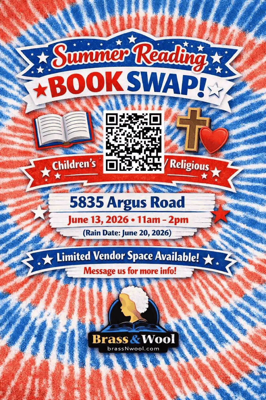 Summer Book Swap event poster with religious and children's book themes, QR code, and date details.
